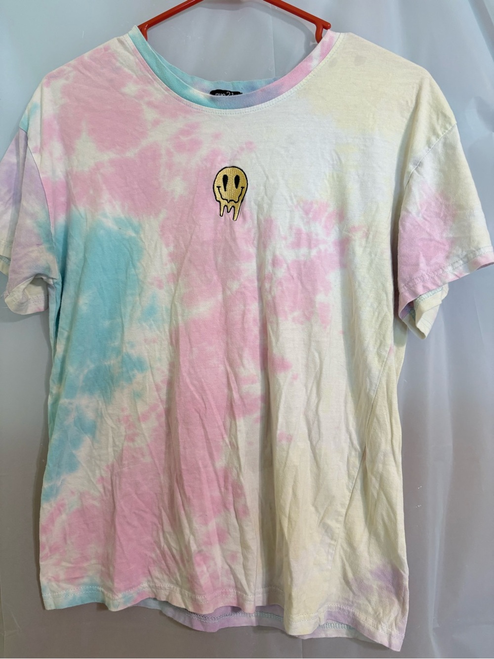 Rue21 Pastel Tie-Dye Tee with Dripping Yellow Smiley Patch